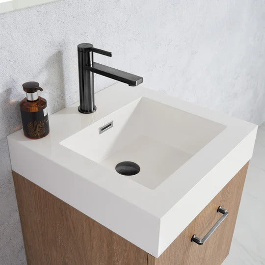 Vinnova, Alistair 18B" Single Sink Bath Vanity in North American Oak with White Grain Stone Countertop