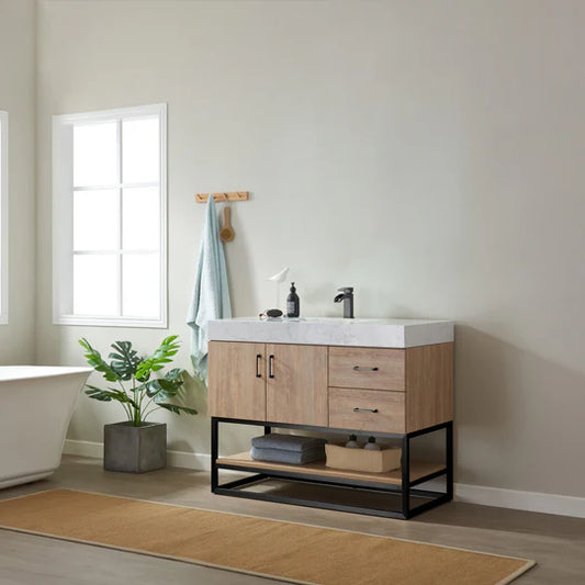 Vinnova, Alistair 42B" Single Vanity in North American Oak with White Grain Stone Countertop Without Mirror