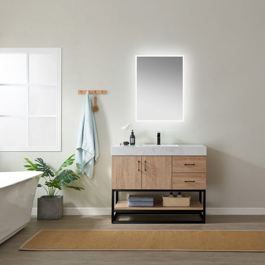 Vinnova, Alistair 42B" Single Vanity in North American Oak with White Grain Stone Countertop With Mirror
