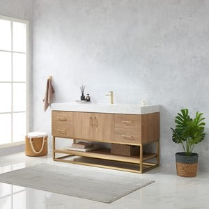 Vinnova, Tocador de baño individual Alistair de 60" con fregadero individual en Roble Norteamericano con Encimera de Piedra de Veta Blanca