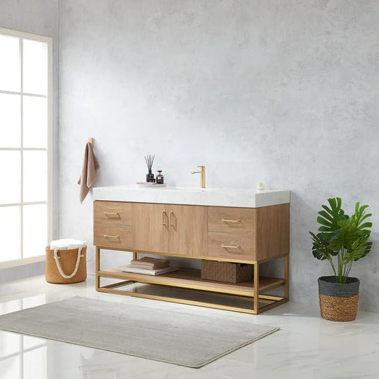 Vinnova, Tocador de baño individual Alistair de 60" con fregadero individual en Roble Norteamericano con Encimera de Piedra de Veta Blanca