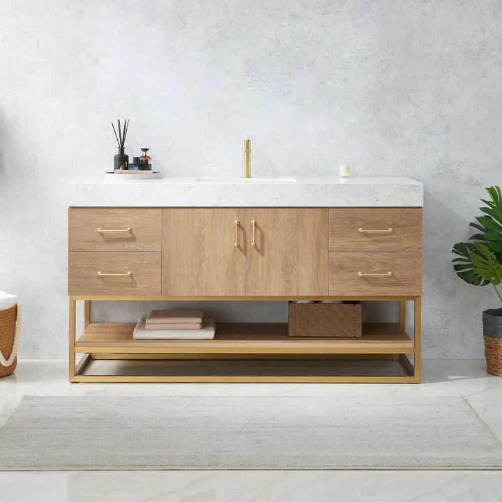 Vinnova, Tocador de baño individual Alistair de 60" con fregadero individual en Roble Norteamericano con Encimera de Piedra de Veta Blanca