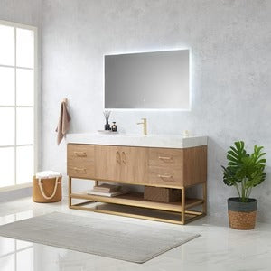 Vinnova, Tocador de baño individual Alistair de 60" con fregadero individual en Roble Norteamericano con Encimera de Piedra de Veta Blanca