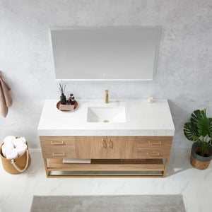 Vinnova, Tocador de baño individual Alistair de 60" con fregadero individual en Roble Norteamericano con Encimera de Piedra de Veta Blanca
