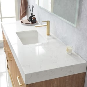 Vinnova, Tocador de baño individual Alistair de 60" con fregadero individual en Roble Norteamericano con Encimera de Piedra de Veta Blanca