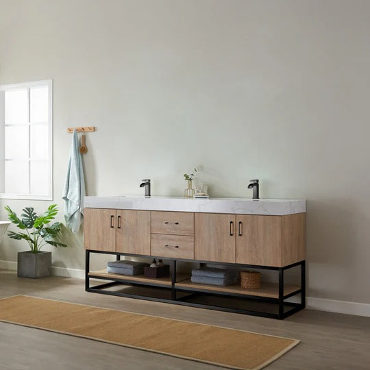 Vinnova, Alistair 72B" Double Vanity in North American Oak with White Grain Stone Countertop Without Mirror