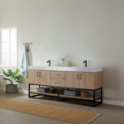 Vinnova, Alistair 72B" Double Vanity in North American Oak with White Grain Stone Countertop Without Mirror