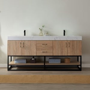 Vinnova, Alistair 72B" Double Vanity in North American Oak with White Grain Stone Countertop Without Mirror