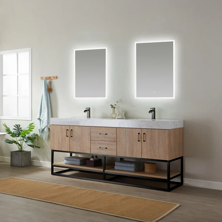 Vinnova, Alistair 72B" Double Vanity in North American Oak with White Grain Stone Countertop Without Mirror