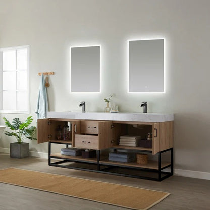 Vinnova, Alistair 72B" Double Vanity in North American Oak with White Grain Stone Countertop Without Mirror