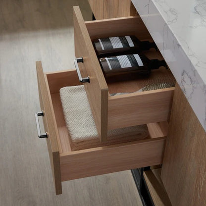 Vinnova, Alistair 72B" Double Vanity in North American Oak with White Grain Stone Countertop Without Mirror