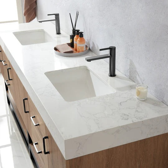 Vinnova, Alistair 72B" Double Vanity in North American Oak with White Grain Stone Countertop Without Mirror