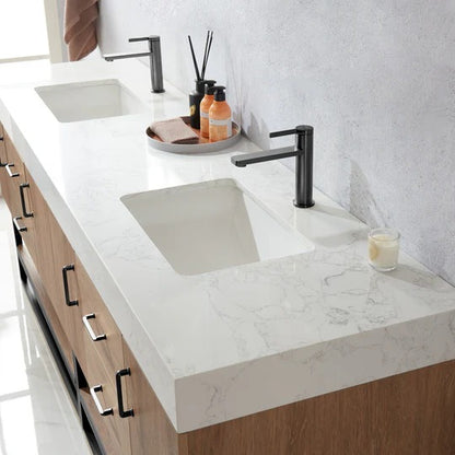 Vinnova, Alistair 72B" Double Vanity in North American Oak with White Grain Stone Countertop Without Mirror
