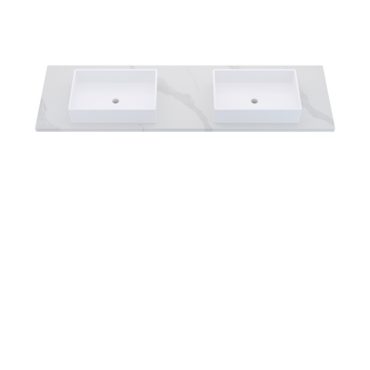 73" Vanderloc Silestone® Quartz Bathroom Vanity Top | Double Vigo Sink | Centered in Classic Calacatta
