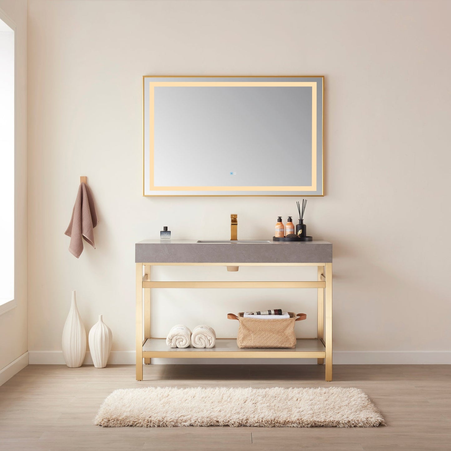 Vinnova, Teruel 48" Rectangular Aluminum Framed LED Wall Mount Bathroom Vanity Mirror in Gold