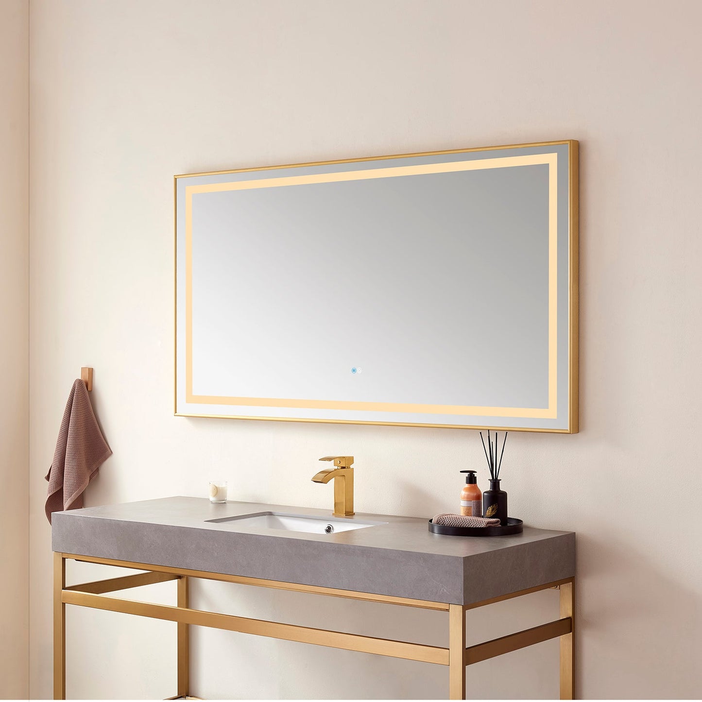 Vinnova, Teruel 60" Rectangular Aluminum Framed LED Wall Mount Bathroom Vanity Mirror in Gold