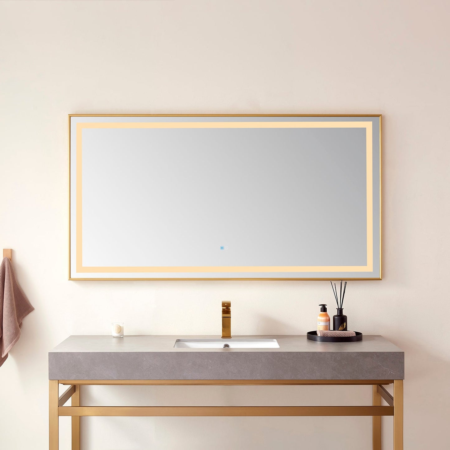 Vinnova, Teruel 60" Rectangular Aluminum Framed LED Wall Mount Bathroom Vanity Mirror in Gold