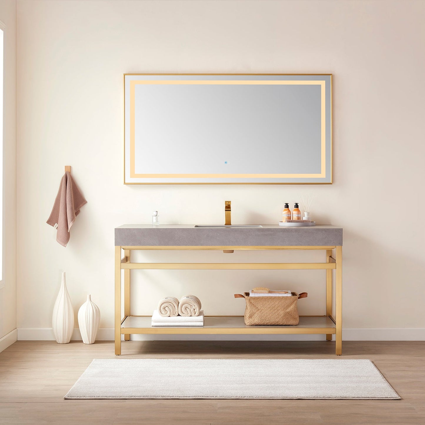 Vinnova, Teruel 60" Rectangular Aluminum Framed LED Wall Mount Bathroom Vanity Mirror in Gold