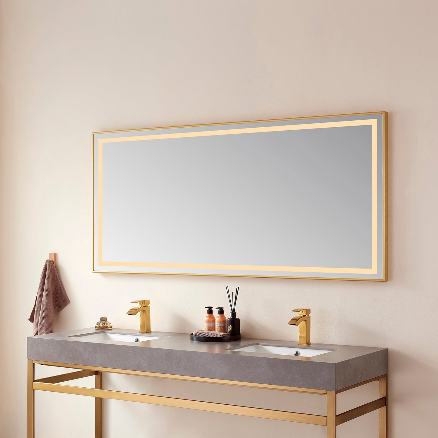 Vinnova, Teruel 72" Rectangular Aluminum Framed LED Wall Mount Bathroom Vanity Mirror in Gold