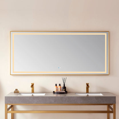 Vinnova, Teruel 72" Rectangular Aluminum Framed LED Wall Mount Bathroom Vanity Mirror in Gold