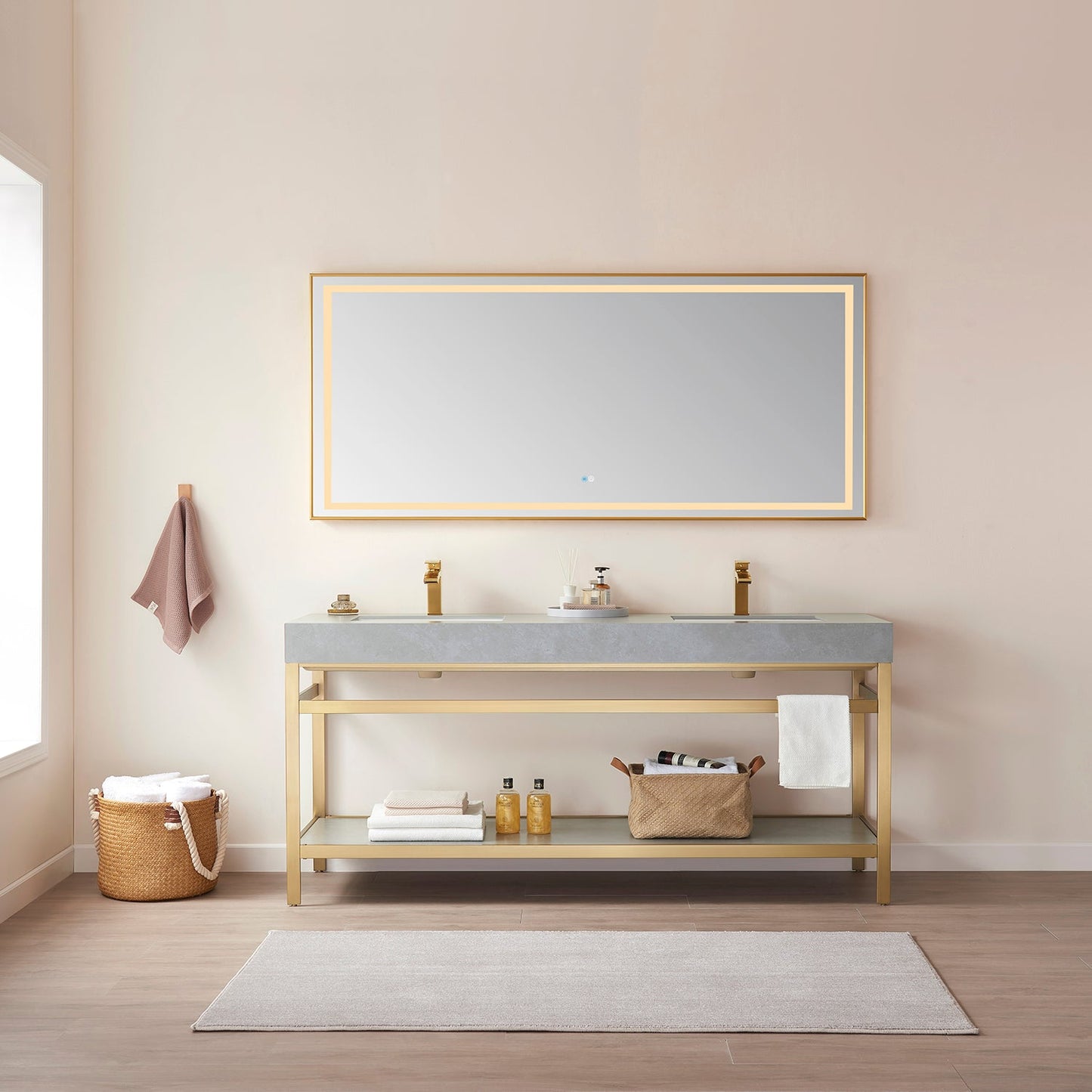 Vinnova, Teruel 72" Rectangular Aluminum Framed LED Wall Mount Bathroom Vanity Mirror in Gold