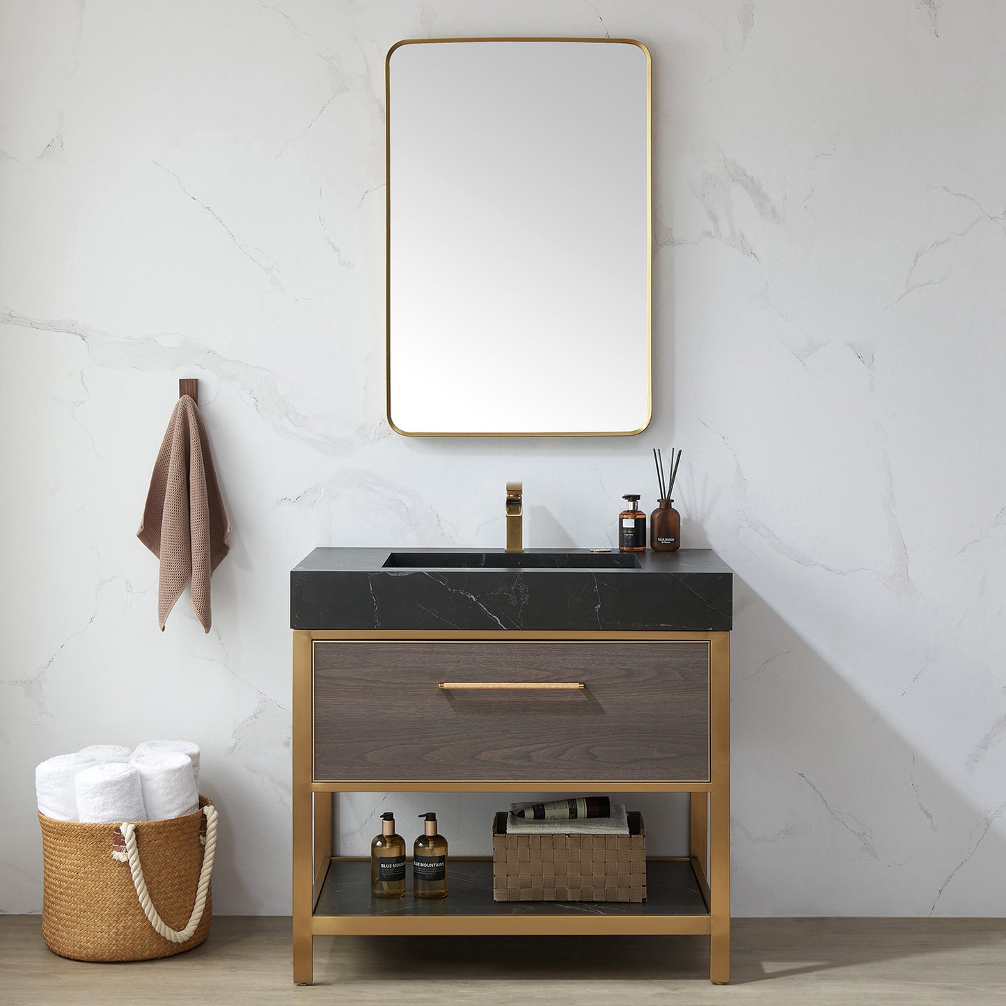 Vinnova, Mutriku 24 in. W x 36 in. H Rectangle Metal Wall Mirror in Brushed Gold