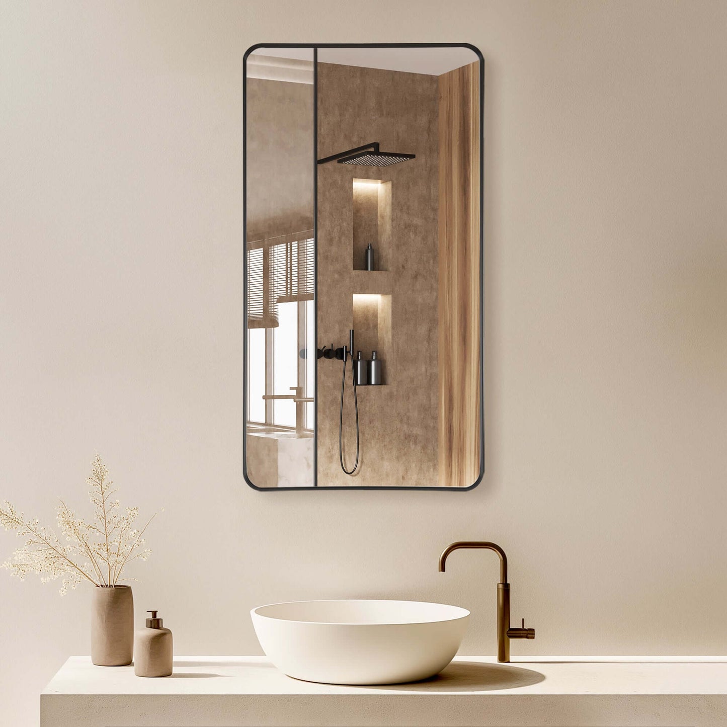 Vinnova, Mutriku 24 in. W x 45 in. H Rectangle Aluminum Framed Wall Mount Bathroom Vanity Mirror in Brushed Black