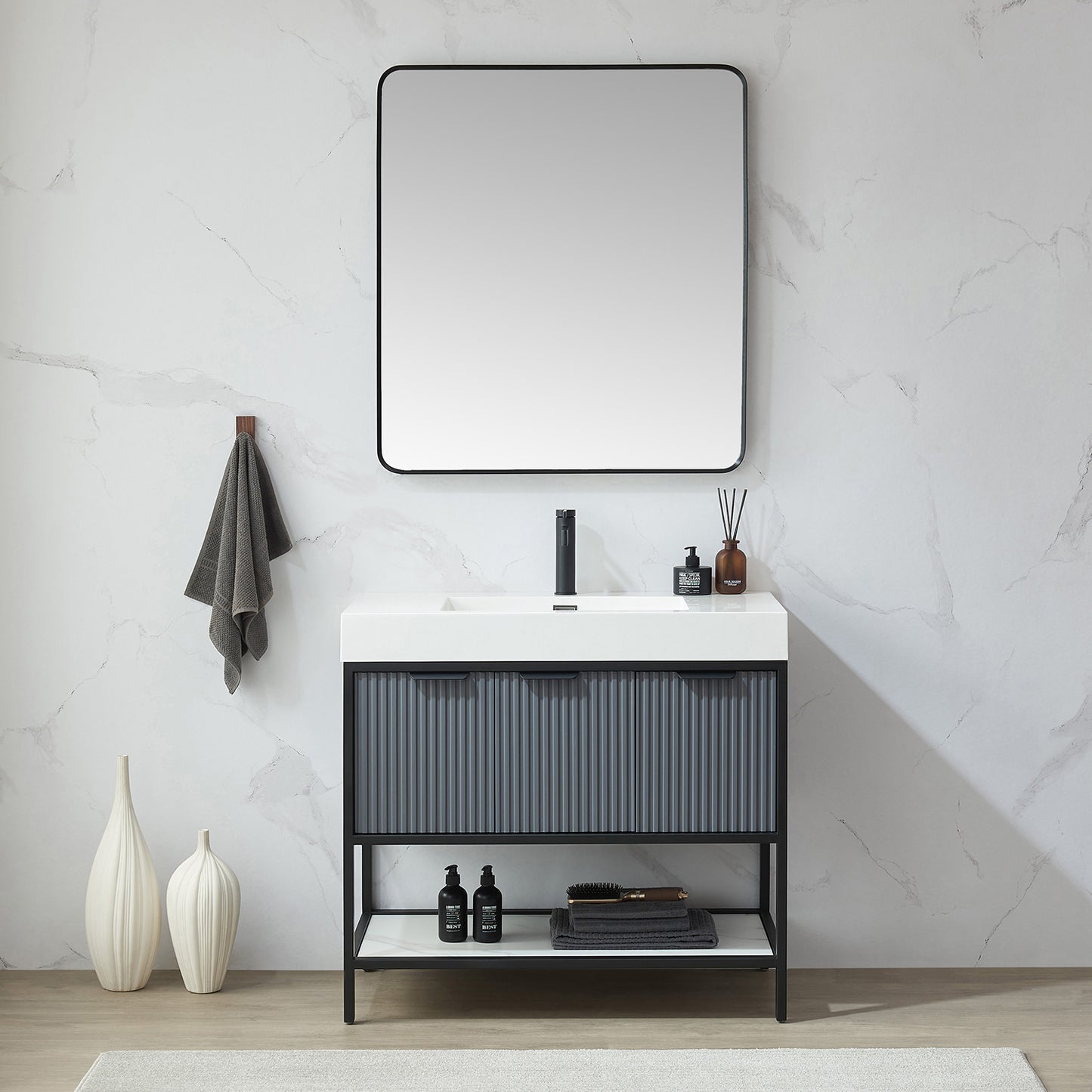Vinnova, Mutriku 32 in. W x 36 in. H Rectangle Metal Wall Mirror in Brushed Black