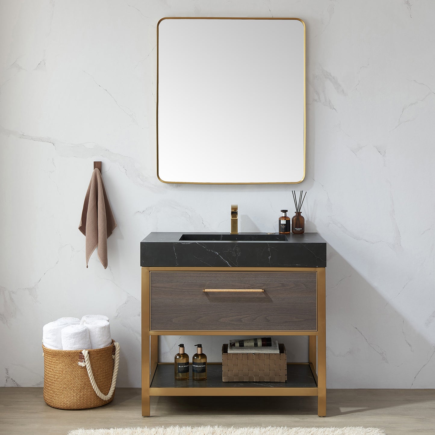 Vinnova, Mutriku 32 in. W x 36 in. H Rectangle Metal Wall Mirror in Brushed Gold