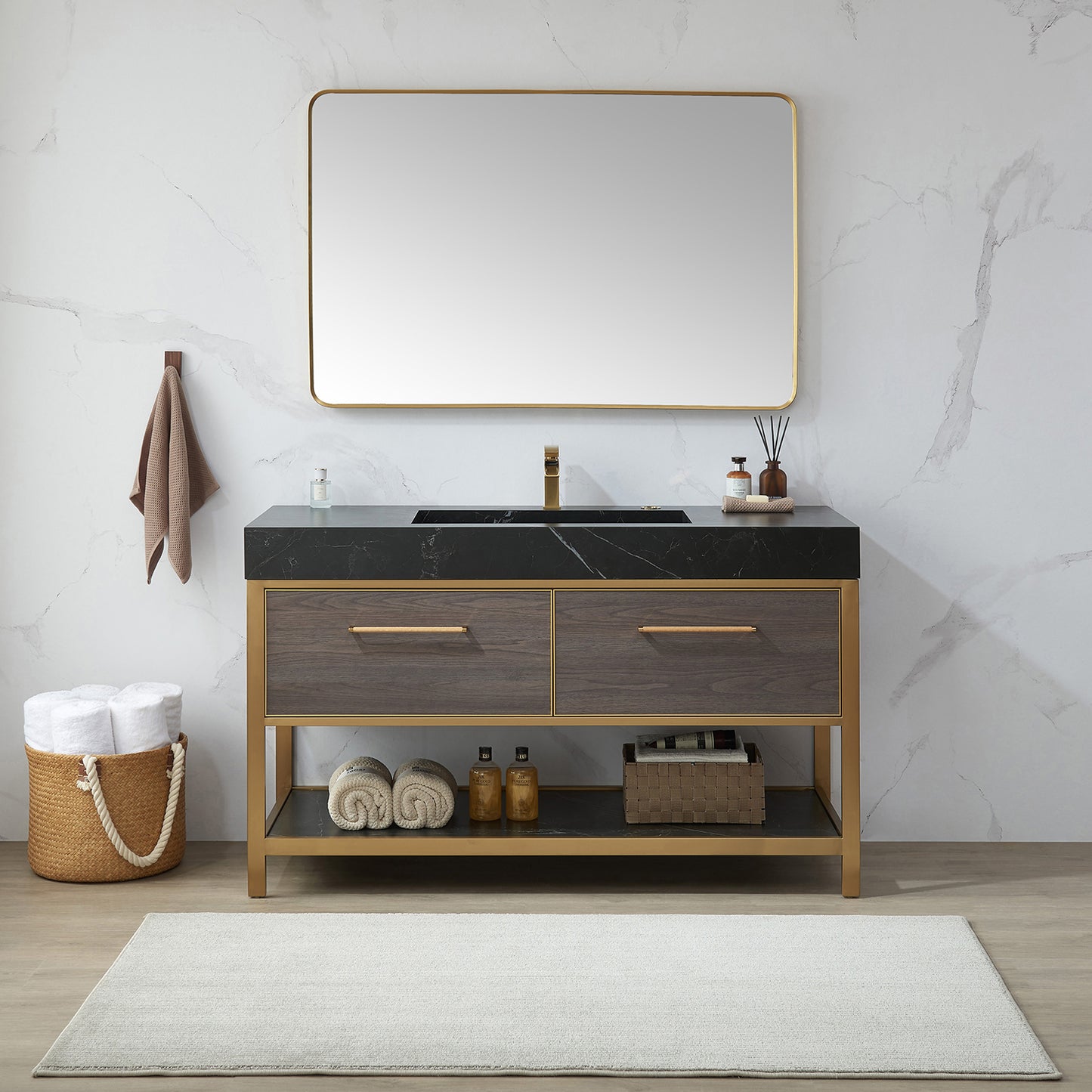 Vinnova, Mutriku 48 in. W x 32 in. H Rectangle Metal Wall Mirror in Brushed Gold