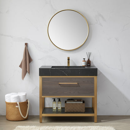 Vinnova, Cascante 28 in. W x 28 in. H Round Metal Wall Mirror in Brushed Gold