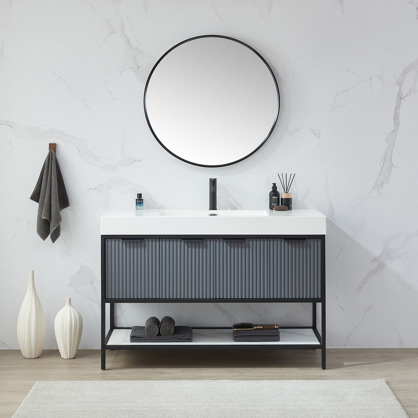 Vinnova, Cascante 32 in. W x 32 in. H Round Metal Wall Mirror in Brushed Black
