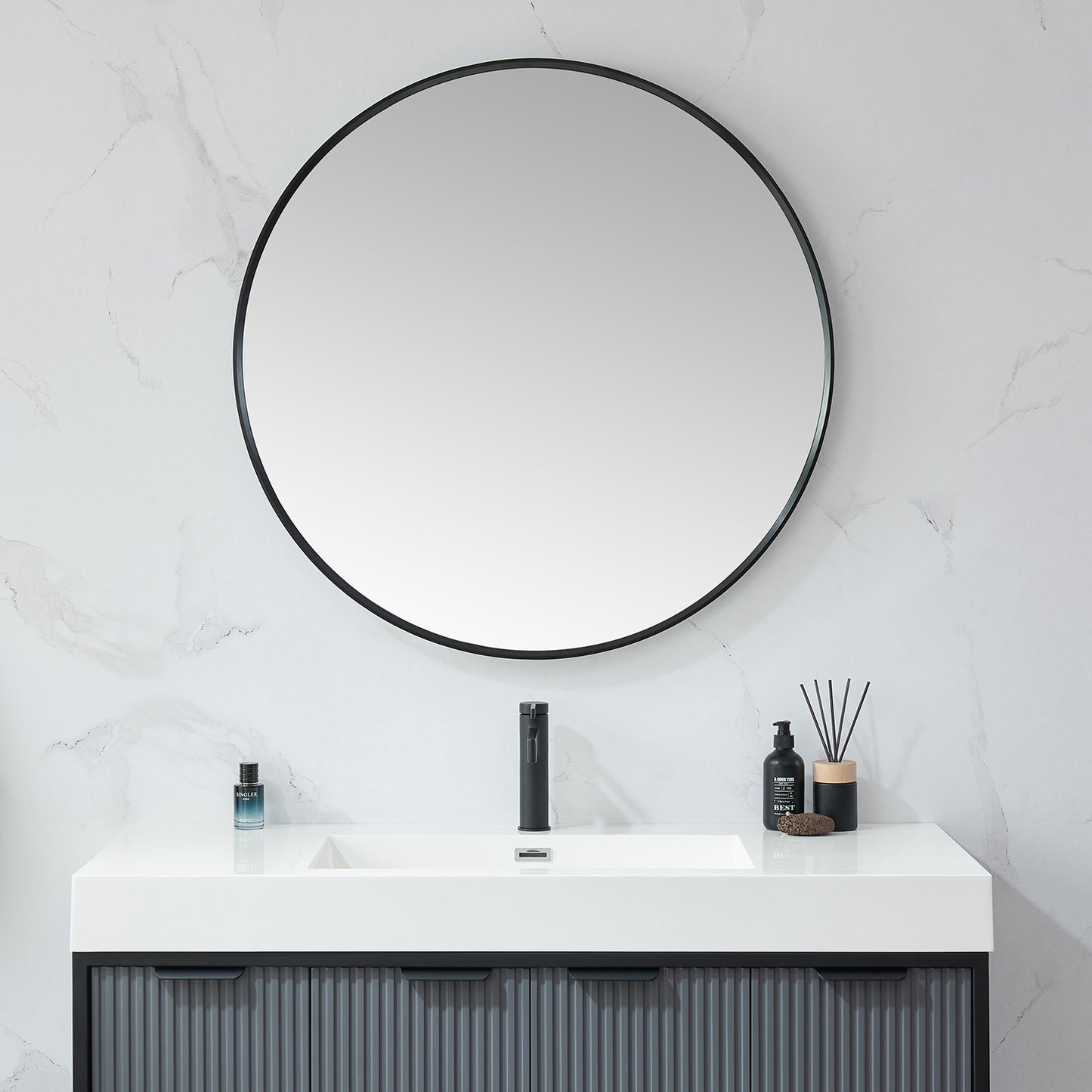 Vinnova, Cascante 35.4 in. W x 35.4 in. H Round Metal Wall Mirror in Brushed Black