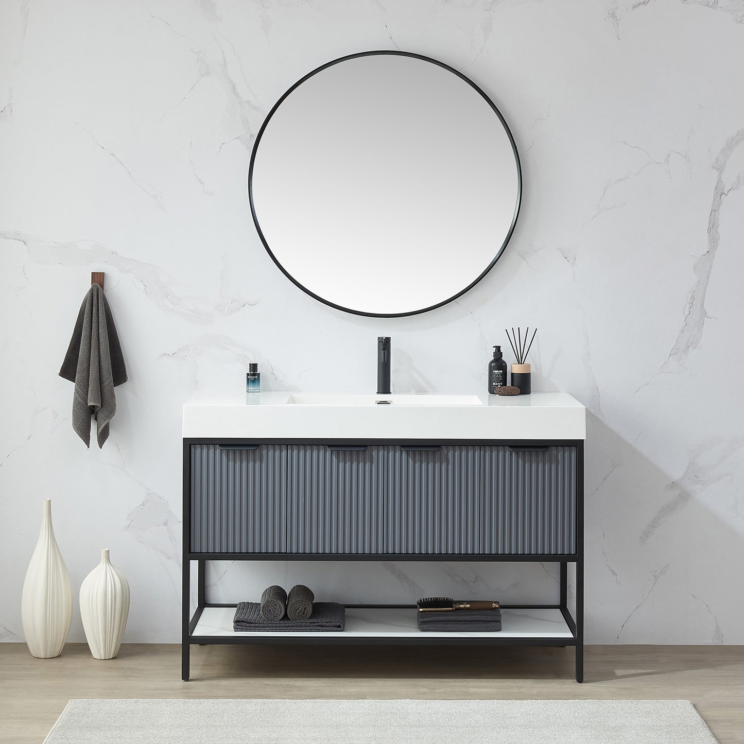 Vinnova, Cascante 35.4 in. W x 35.4 in. H Round Metal Wall Mirror in Brushed Black
