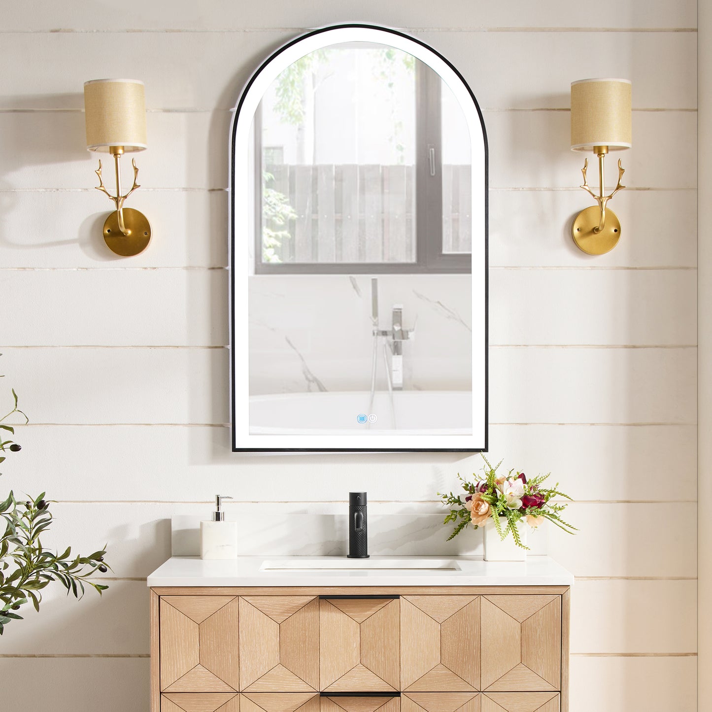 Vinnova, Estartit 24 in. W x 40 in. H Arch Aluminum Framed LED Wall Mount Bathroom Vanity Mirror in Brushed Black