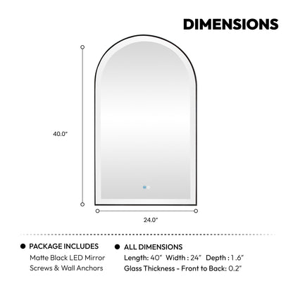 Vinnova, Estartit 24 in. W x 40 in. H Arch Aluminum Framed LED Wall Mount Bathroom Vanity Mirror in Brushed Black