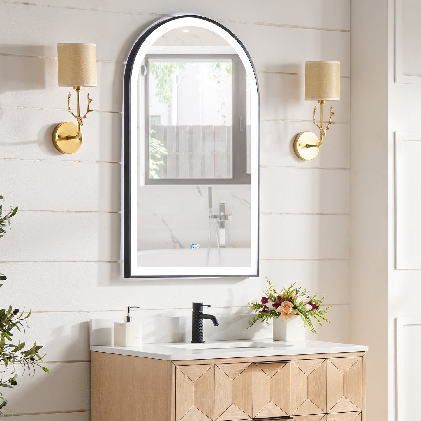 Vinnova, Estartit 24 in. W x 40 in. H Arch Aluminum Framed LED Wall Mount Bathroom Vanity Mirror in Brushed Black