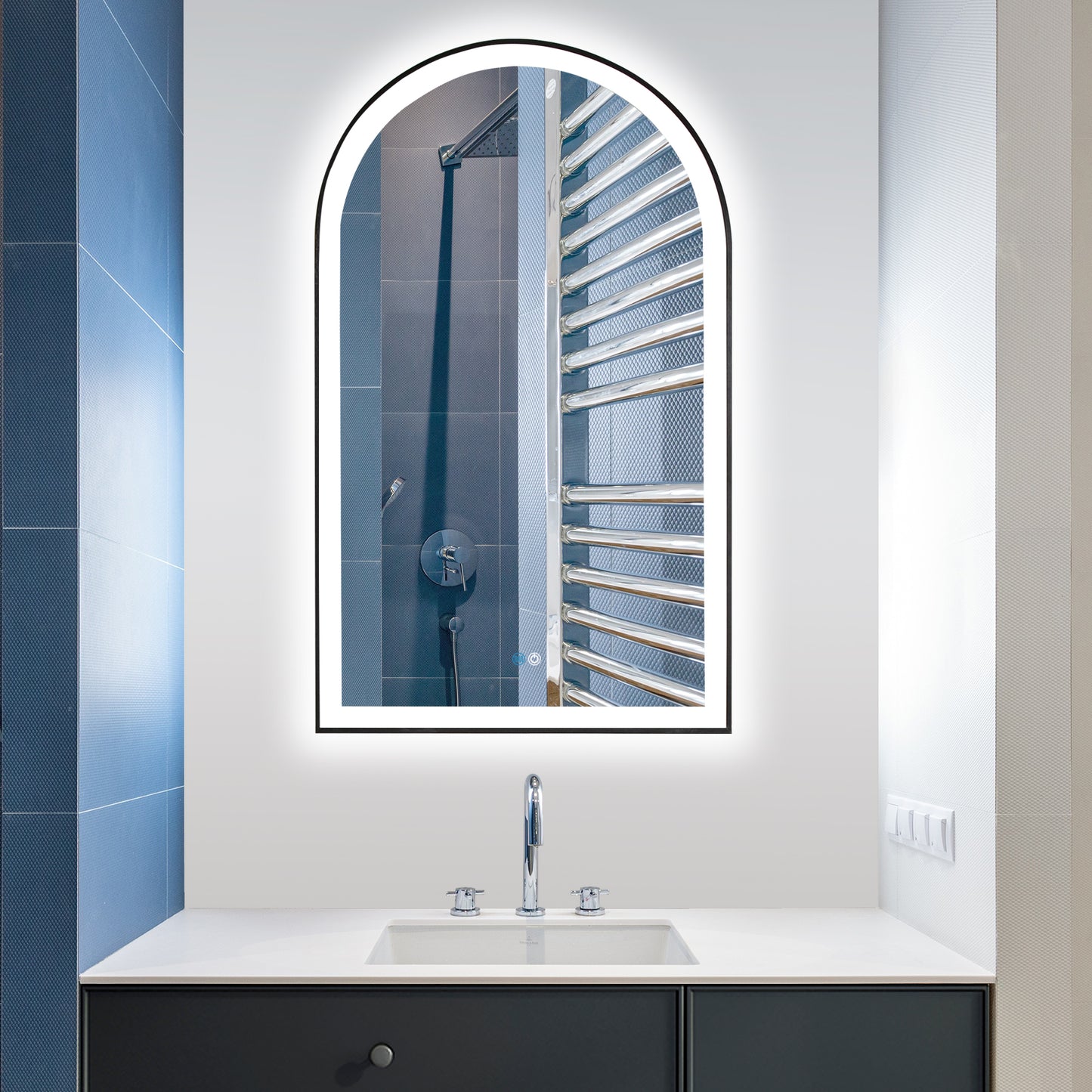 Vinnova, Estartit 24 in. W x 40 in. H Arch Aluminum Framed LED Wall Mount Bathroom Vanity Mirror in Brushed Black