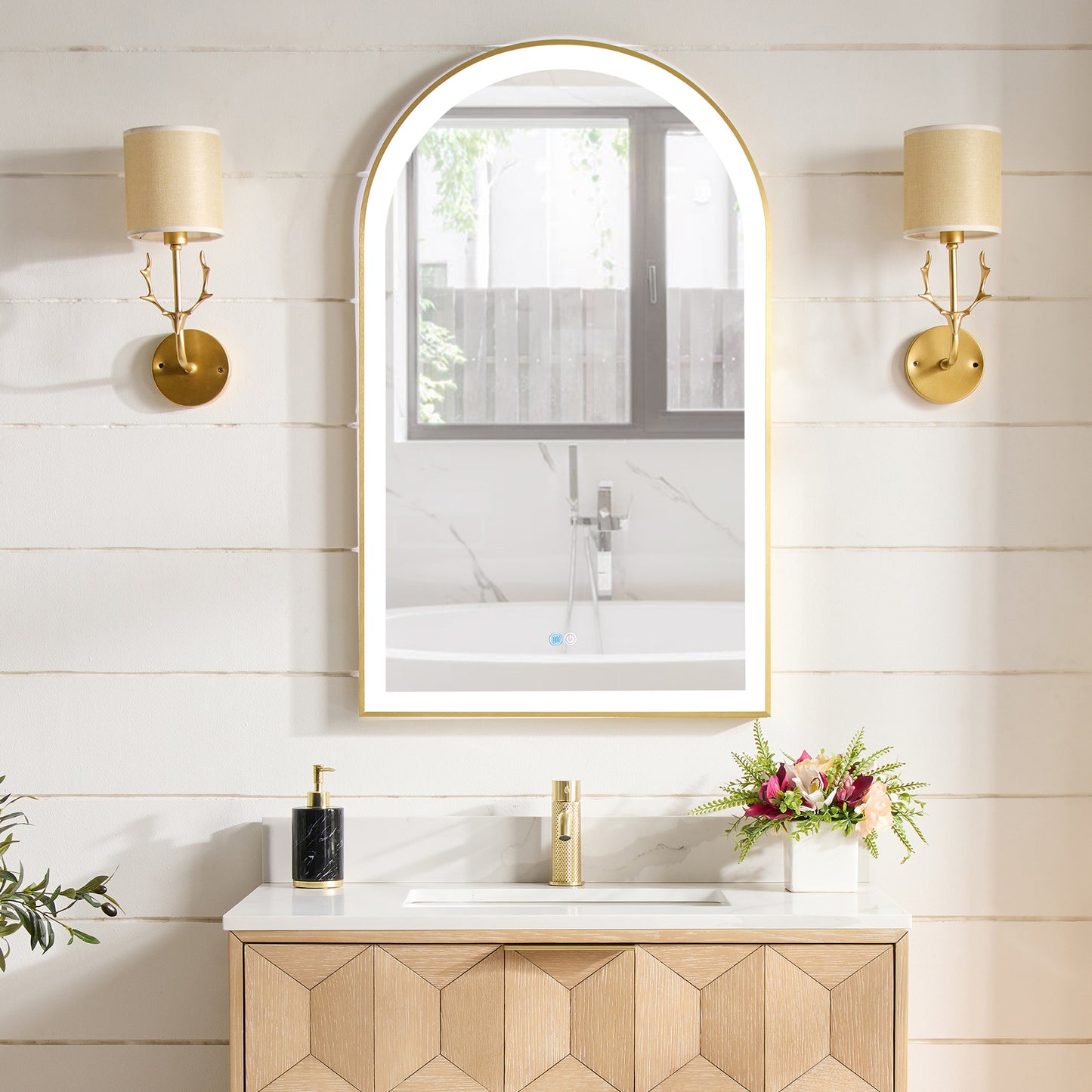 Vinnova, Estartit 24 in. W x 40 in. H Arch Aluminum Framed LED Wall Mount Bathroom Vanity Mirror in Brushed Gold
