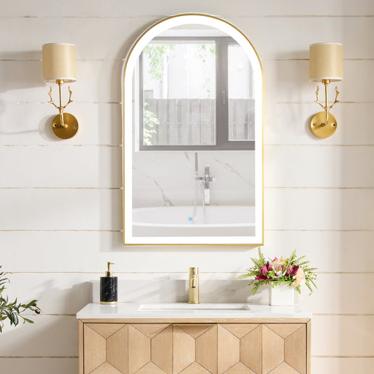 Vinnova, Estartit 24 in. W x 40 in. H Arch Aluminum Framed LED Wall Mount Bathroom Vanity Mirror in Brushed Gold