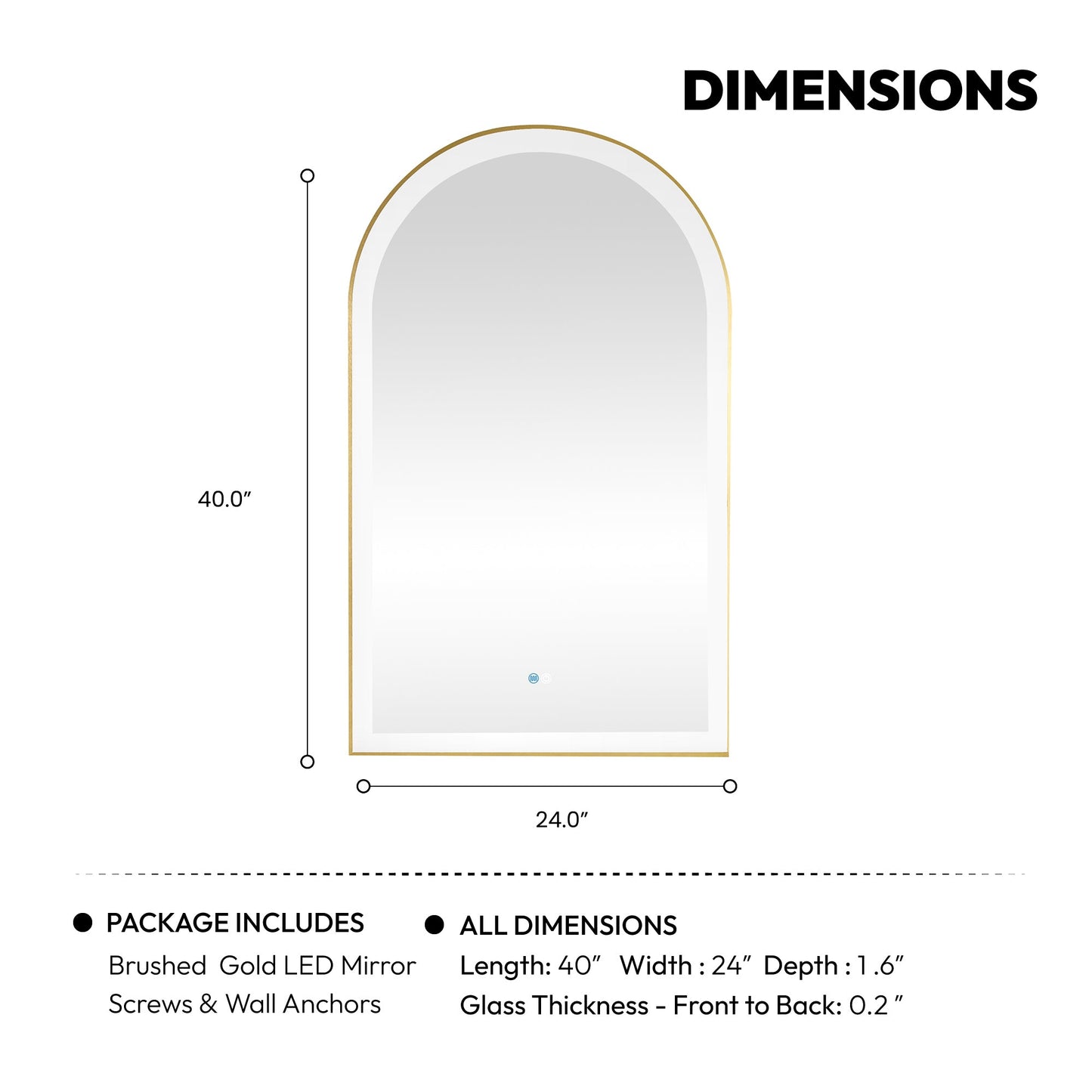 Vinnova, Estartit 24 in. W x 40 in. H Arch Aluminum Framed LED Wall Mount Bathroom Vanity Mirror in Brushed Gold