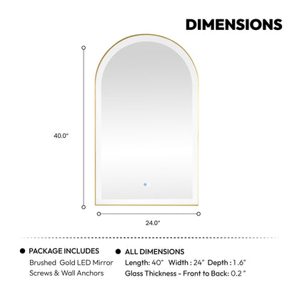 Vinnova, Estartit 24 in. W x 40 in. H Arch Aluminum Framed LED Wall Mount Bathroom Vanity Mirror in Brushed Gold