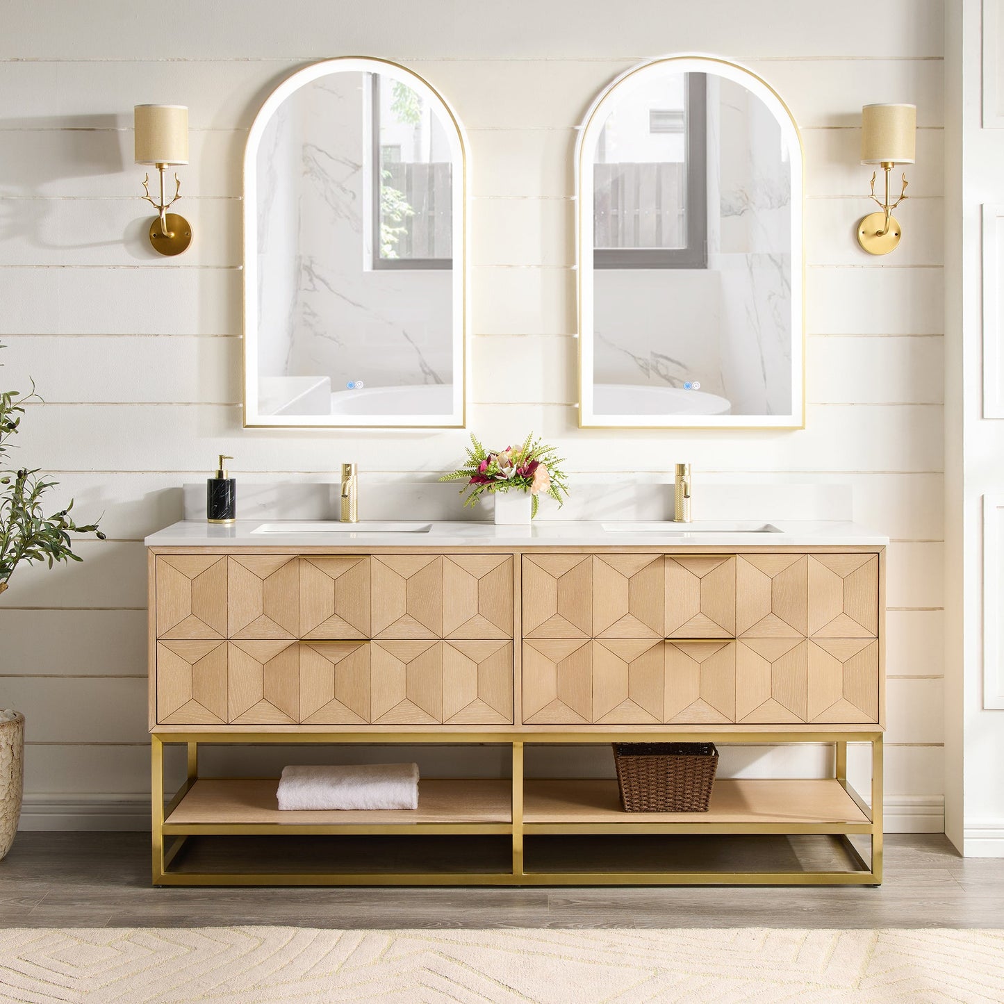 Vinnova, Estartit 24 in. W x 40 in. H Arch Aluminum Framed LED Wall Mount Bathroom Vanity Mirror in Brushed Gold
