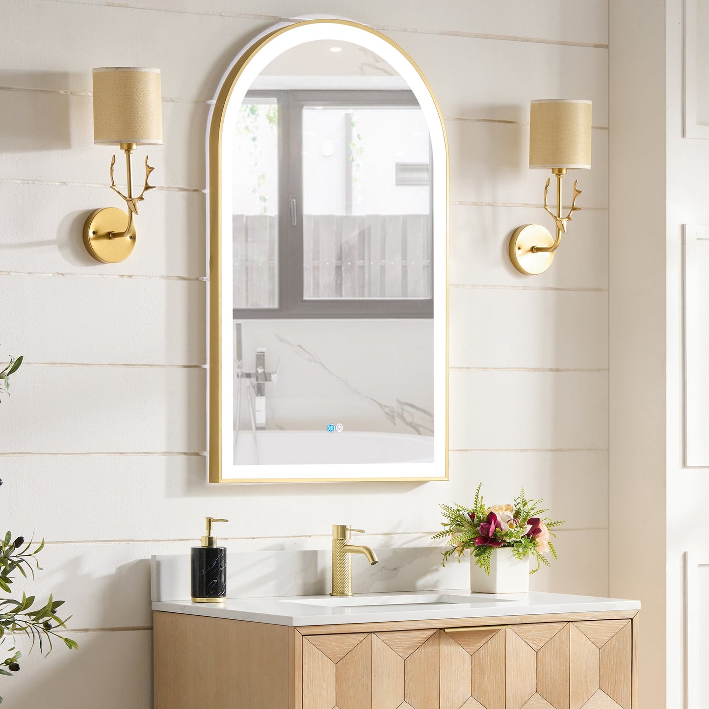 Vinnova, Estartit 24 in. W x 40 in. H Arch Aluminum Framed LED Wall Mount Bathroom Vanity Mirror in Brushed Gold