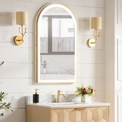 Vinnova, Estartit 24 in. W x 40 in. H Arch Aluminum Framed LED Wall Mount Bathroom Vanity Mirror in Brushed Gold