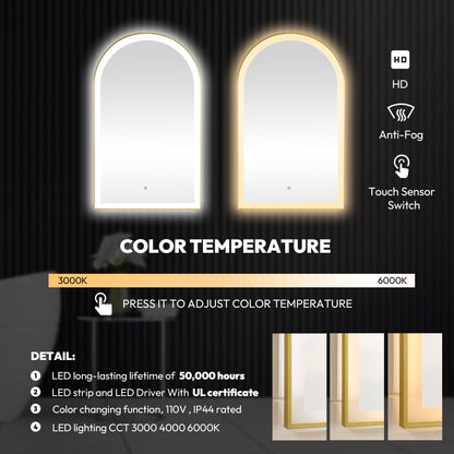 Vinnova, Estartit 24 in. W x 40 in. H Arch Aluminum Framed LED Wall Mount Bathroom Vanity Mirror in Brushed Gold