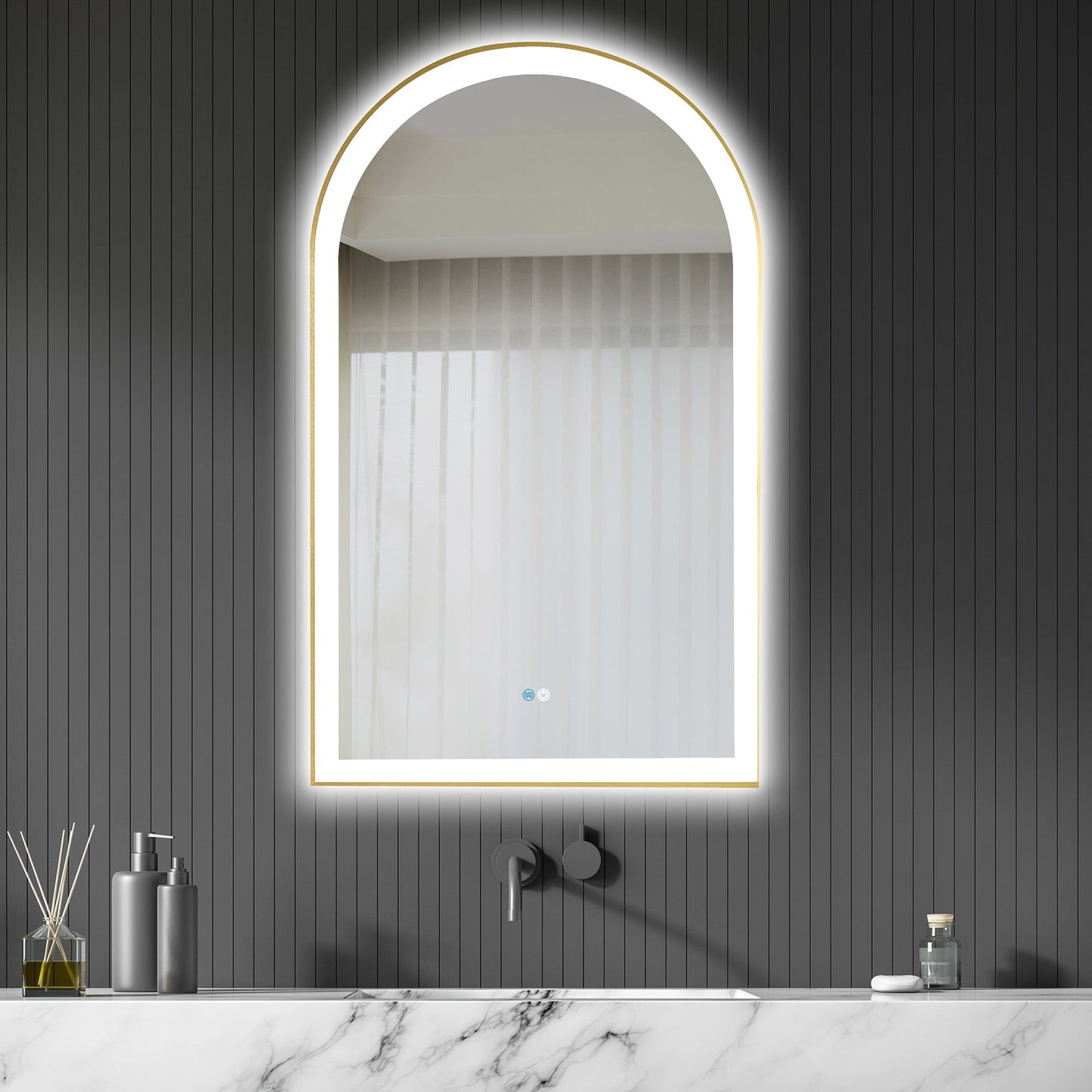 Vinnova, Estartit 24 in. W x 40 in. H Arch Aluminum Framed LED Wall Mount Bathroom Vanity Mirror in Brushed Gold