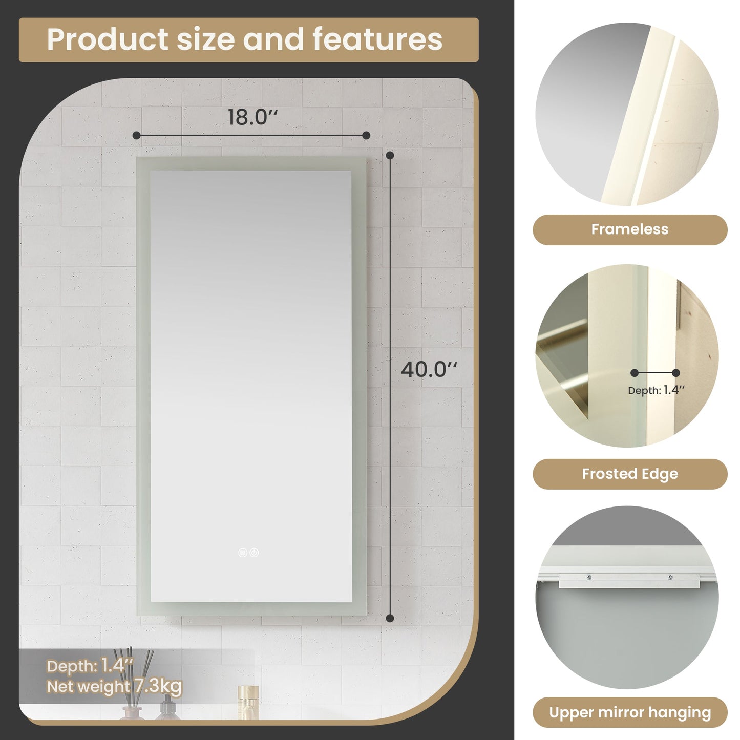 Vinnova, Beijing 18 in. W x 40 in. H Rectangular Acrylic Frameless LED Wall Mount Bathroom Vanity Mirror