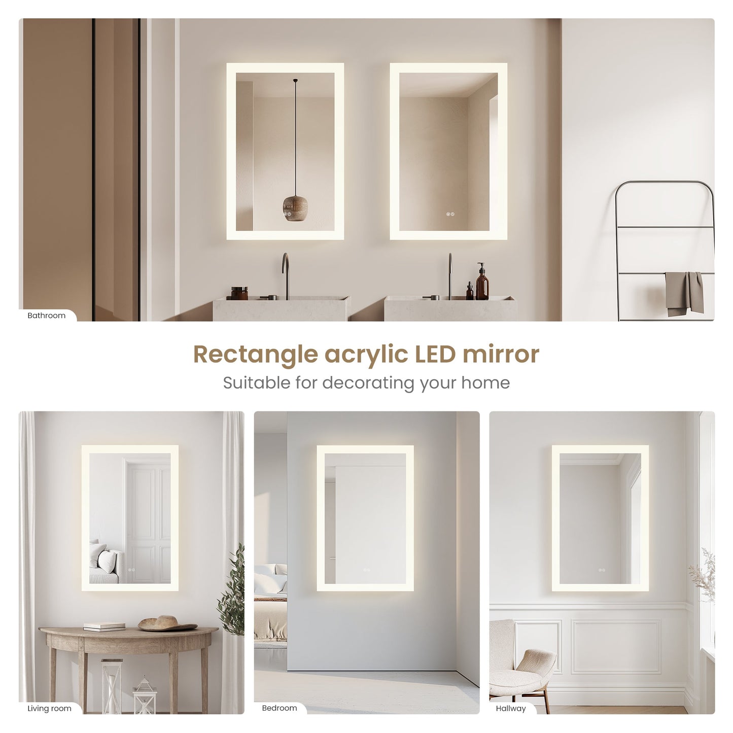 Vinnova, Beijing 24 in. W x 40 in. H Rectangular Acrylic Frameless LED Wall Mount Bathroom Vanity Mirror