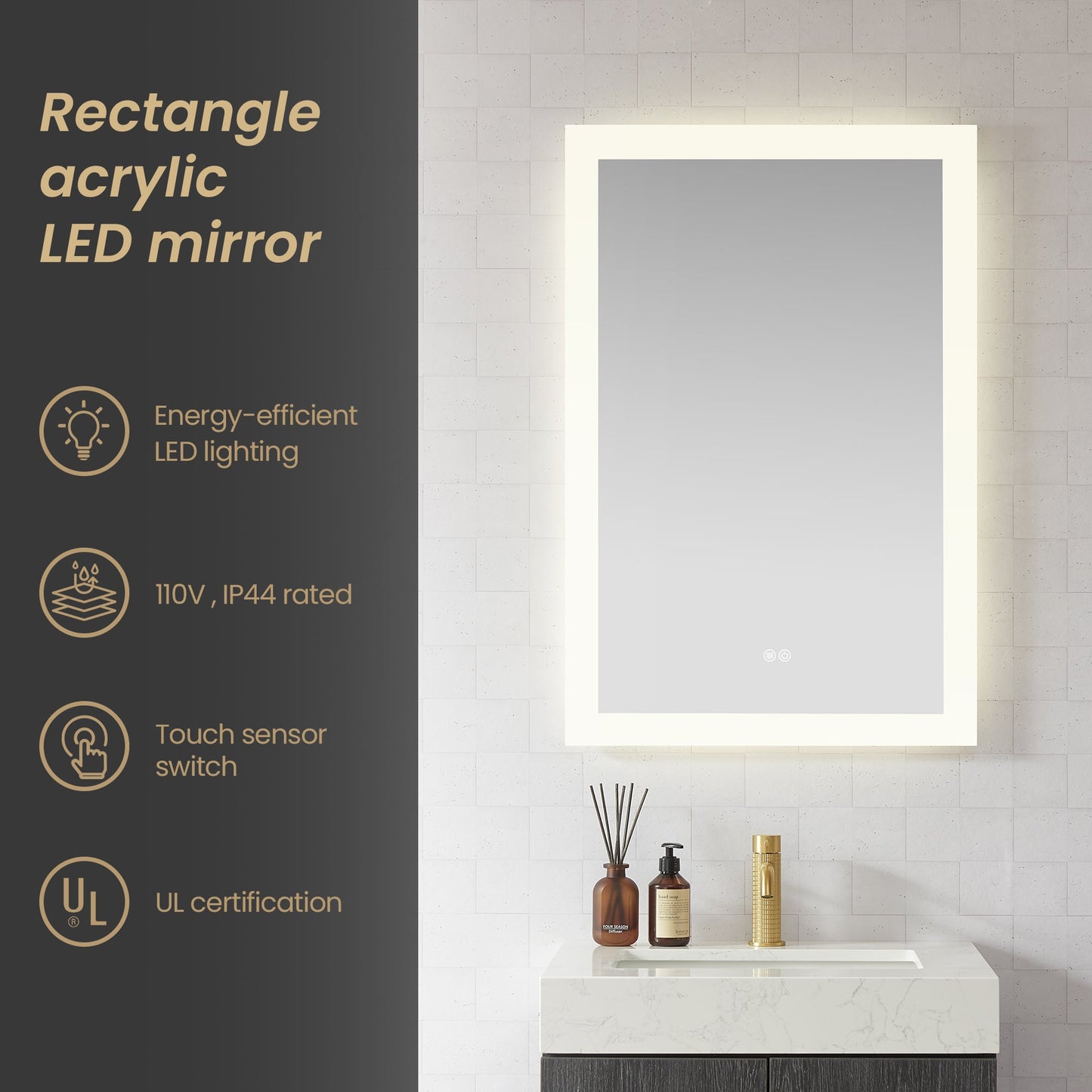 Vinnova, Beijing 24 in. W x 40 in. H Rectangular Acrylic Frameless LED Wall Mount Bathroom Vanity Mirror